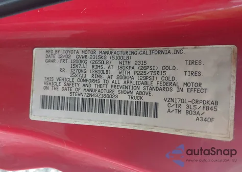 2003 Toyota Tacoma Base V6 z USA, uszkodzony, nr VIN 5TEWN72N43Z188023